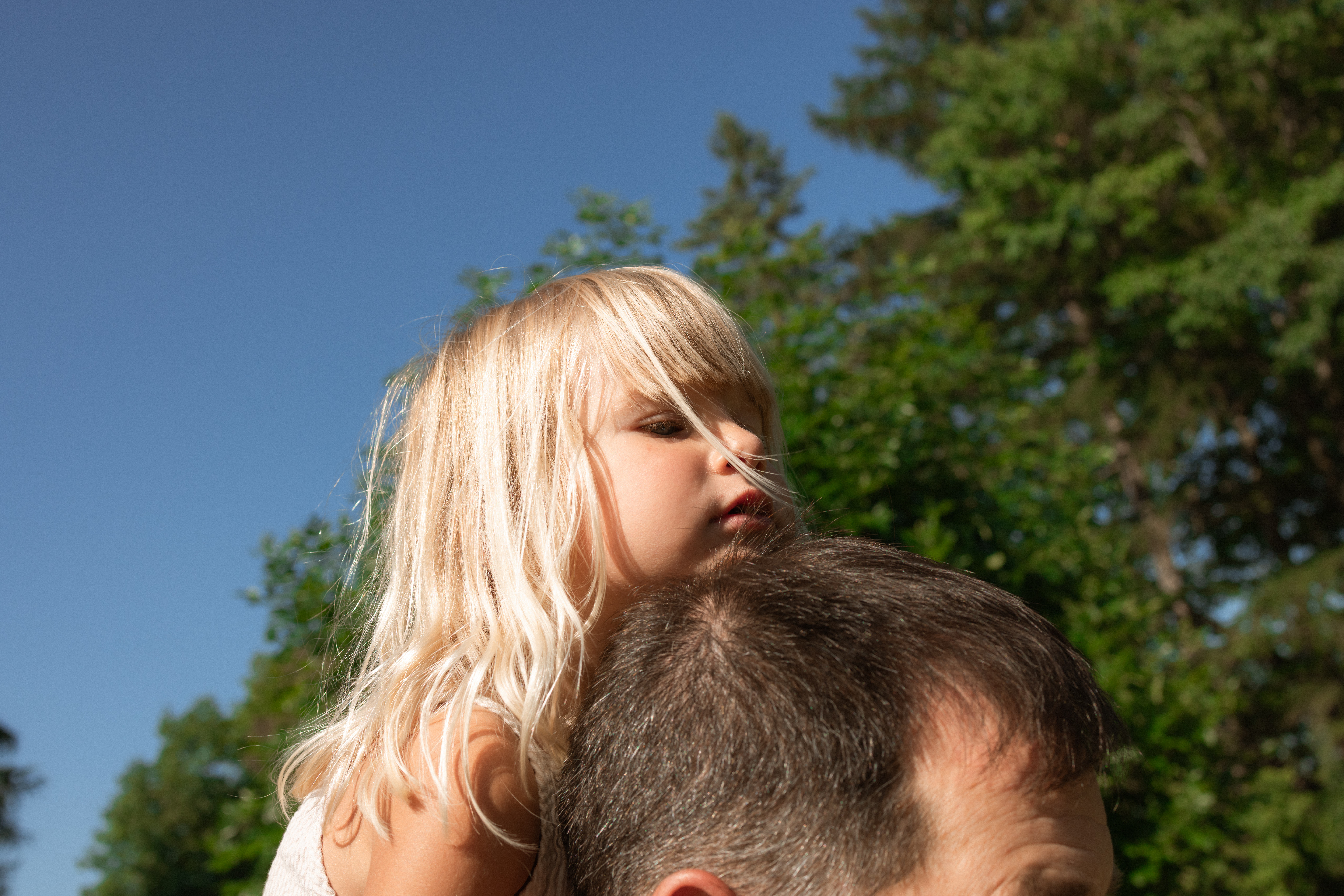 daughter riding on dads shouder during backyard family session in Ottawa